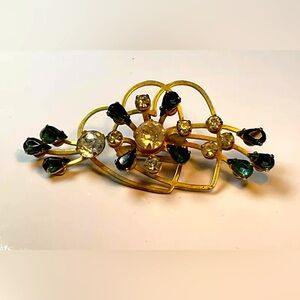 Antique Mid-Century Gold Plated Modernist Rhinestone Brooch - Green, White, Gold